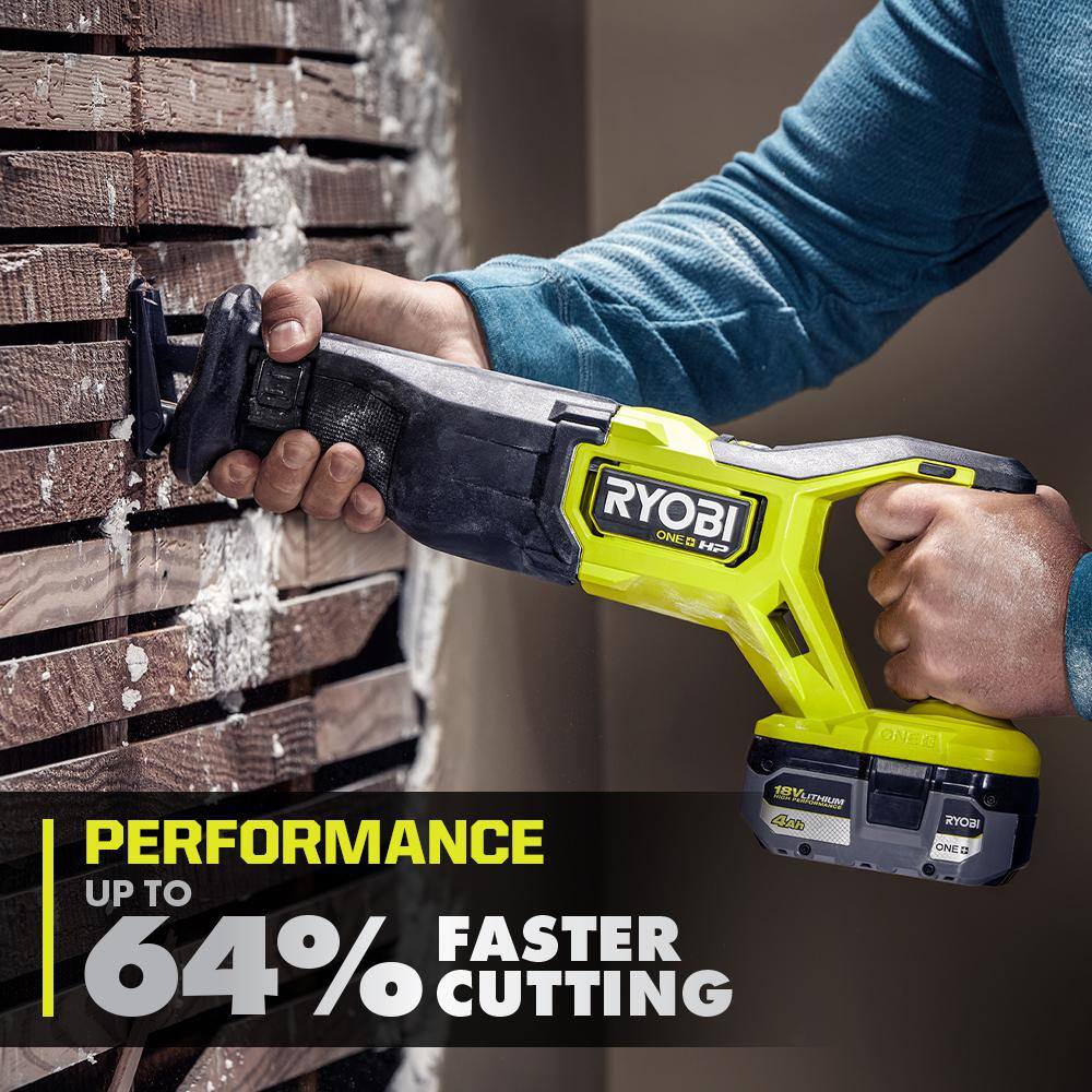 RYOBI 18-Volt ONE+ Cordless Brushless Reciprocating Saw Kit with Wood-Cutting Blade, 2.0 Ah Battery and Charger