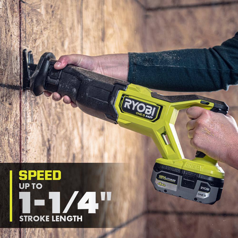 RYOBI 18-Volt ONE+ Cordless Brushless Reciprocating Saw Kit with Wood-Cutting Blade, 2.0 Ah Battery and Charger
