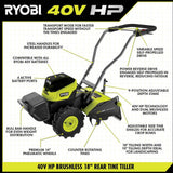 RYOBI 40V HP Brushless 18 in. Battery Powered Rear Tine Tiller (Tool Only)