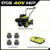 RYOBI 40V HP Brushless 18 in. Battery Powered Rear Tine Tiller with (4) 6.0 Ah Batteries and Charger