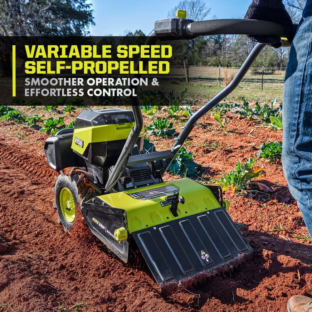 RYOBI 40V HP Brushless 18 in. Battery Powered Rear Tine Tiller with (4) 6.0 Ah Batteries and Charger