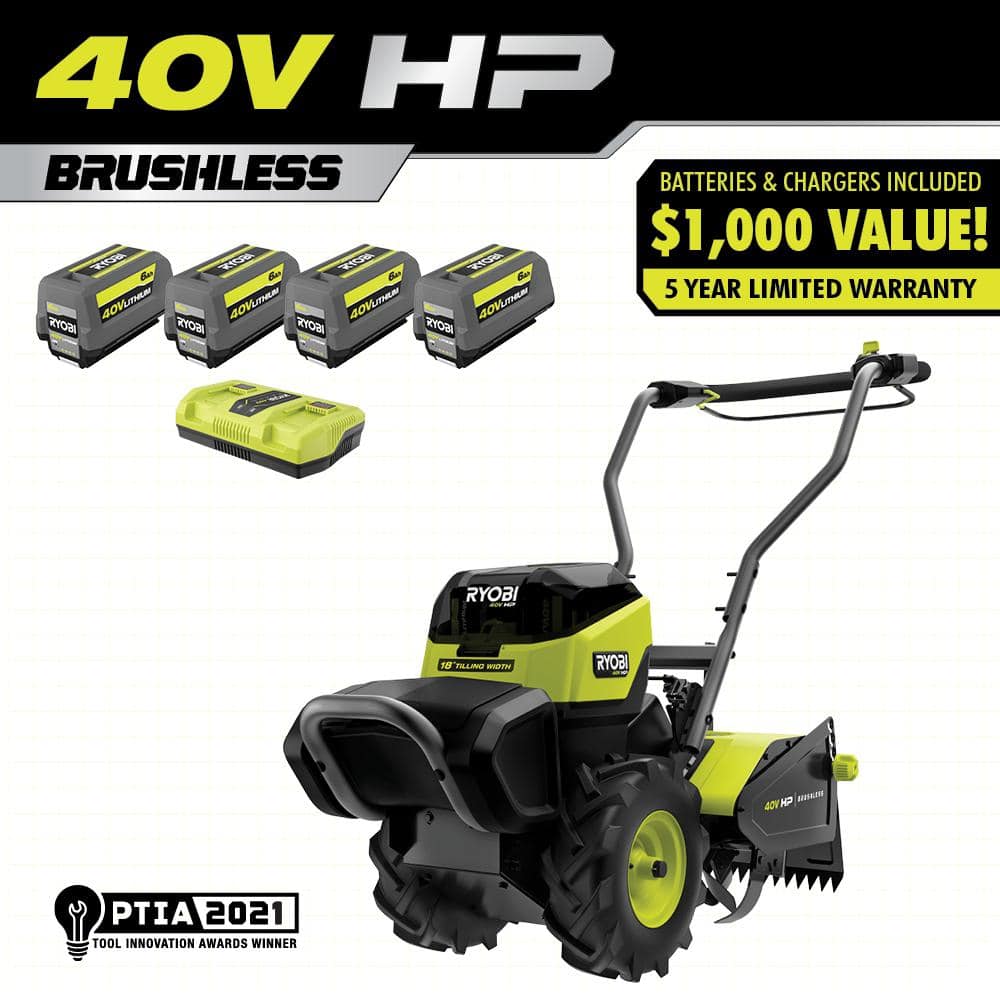 RYOBI 40V HP Brushless 18 in. Battery Powered Rear Tine Tiller with (4) 6.0 Ah Batteries and Charger