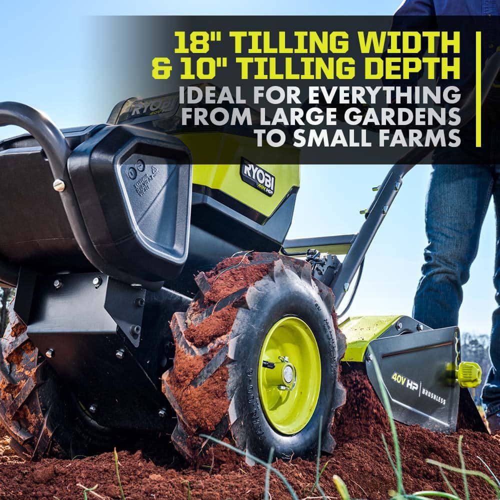 RYOBI 40V HP Brushless 18 in. Battery Powered Rear Tine Tiller with (4) 6.0 Ah Batteries and Charger