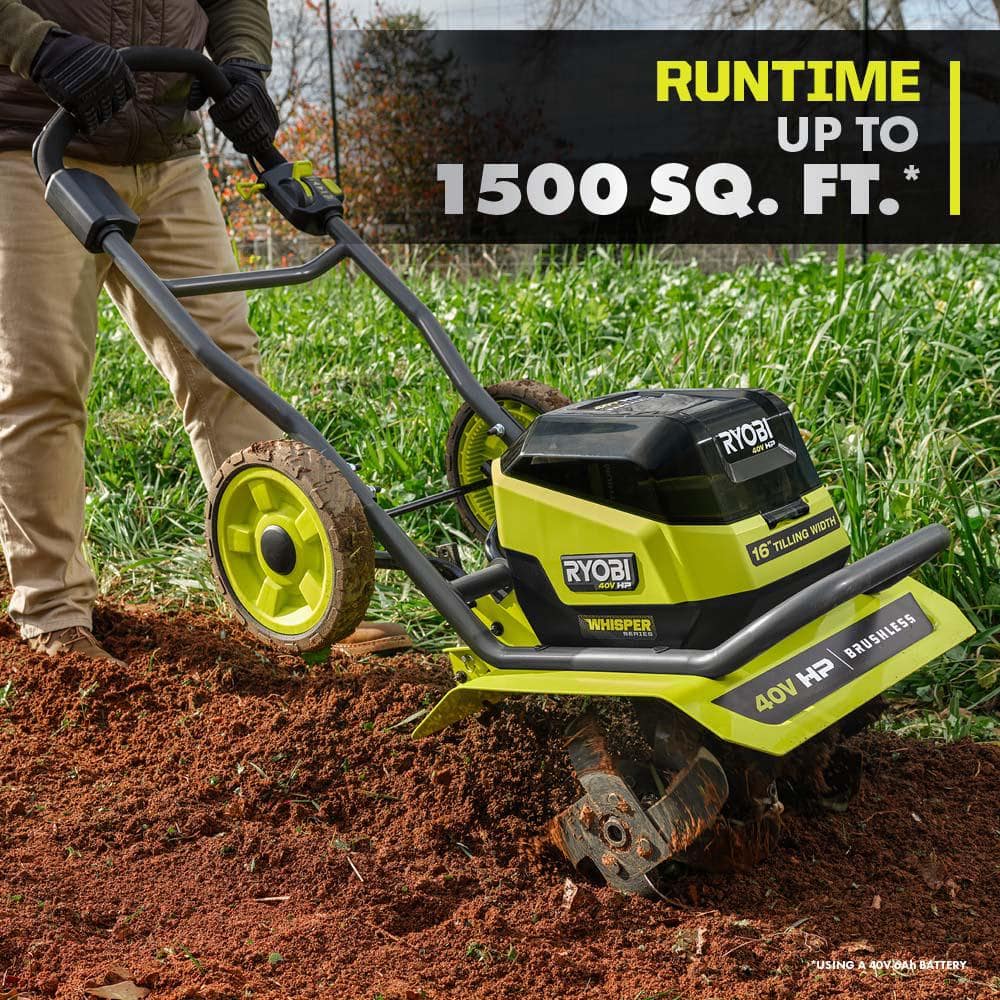 RYOBI 40V HP Brushless 16 in. Front Tine Tiller with Adjustable Tilling Width with 6.0 Ah Battery and Quick Charger