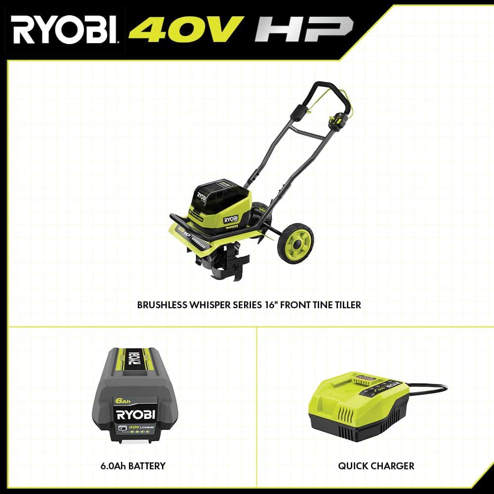 RYOBI 40V HP Brushless 16 in. Front Tine Tiller with Adjustable Tilling Width with 6.0 Ah Battery and Quick Charger