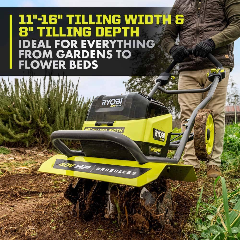 RYOBI 40V HP Brushless 16 in. Front Tine Tiller with Adjustable Tilling Width with 6.0 Ah Battery and Quick Charger