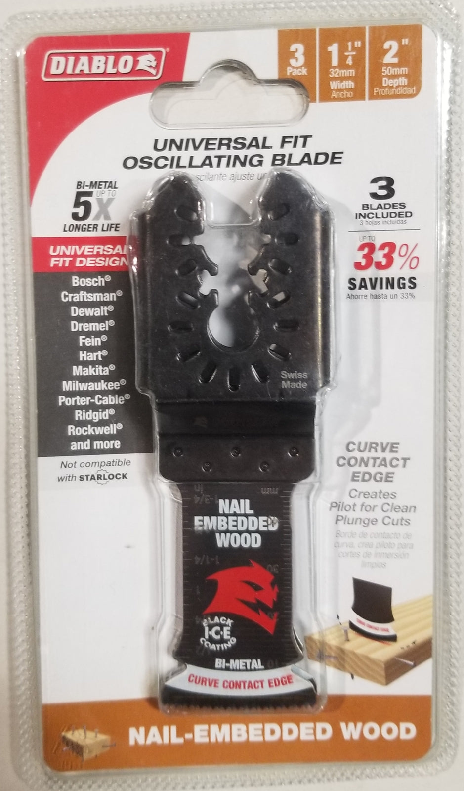 Diablo Demo Demon Bi-Metal Oscillating Blade for Nail-Embedded Wood 1-1/4" 3/Pack