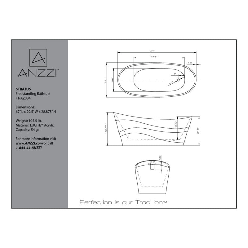 ANZZI Stratus 5.6 ft. Acrylic Freestanding Bathtub, Reversible Drain, Glossy White (67 x 29.5 x 29 in)