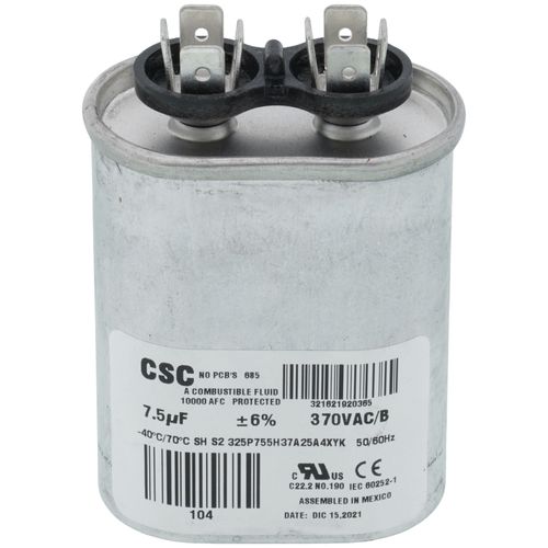 York S1-02420045700 capacitor - front view (Voltage: 370V; MFD: 7.5)