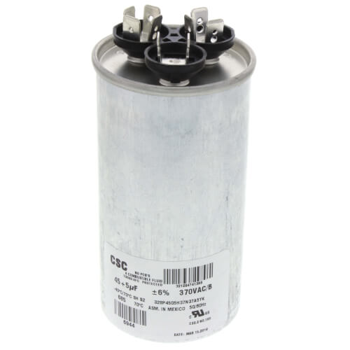 York S1-02425895700 capacitor - front view (Voltage: 370V; MFD: 45/5)
