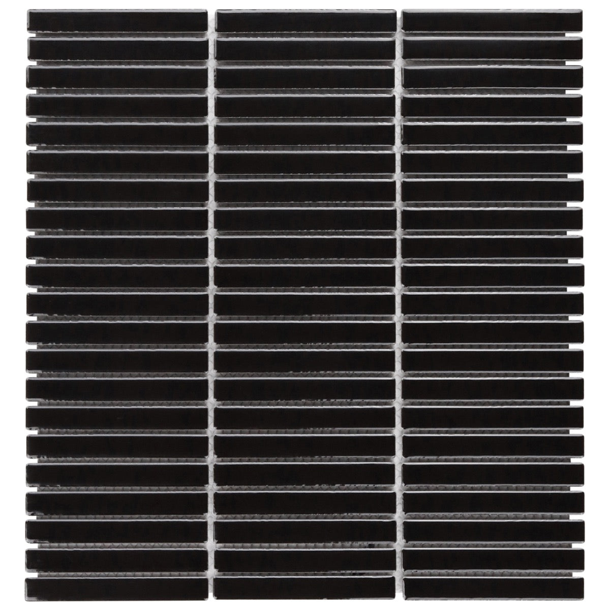 Kai Black Glossy Porcelain Mosaic Tile - 1x4" Tri-Stacked