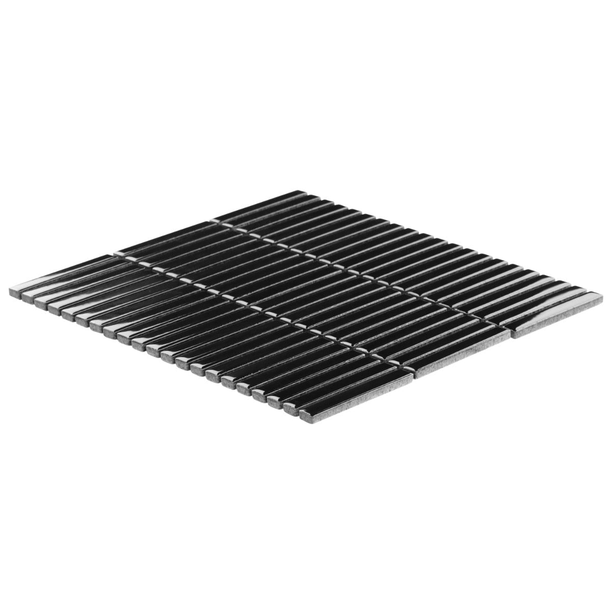 Kai Black Glossy Porcelain Mosaic Tile - 1x4" Tri-Stacked