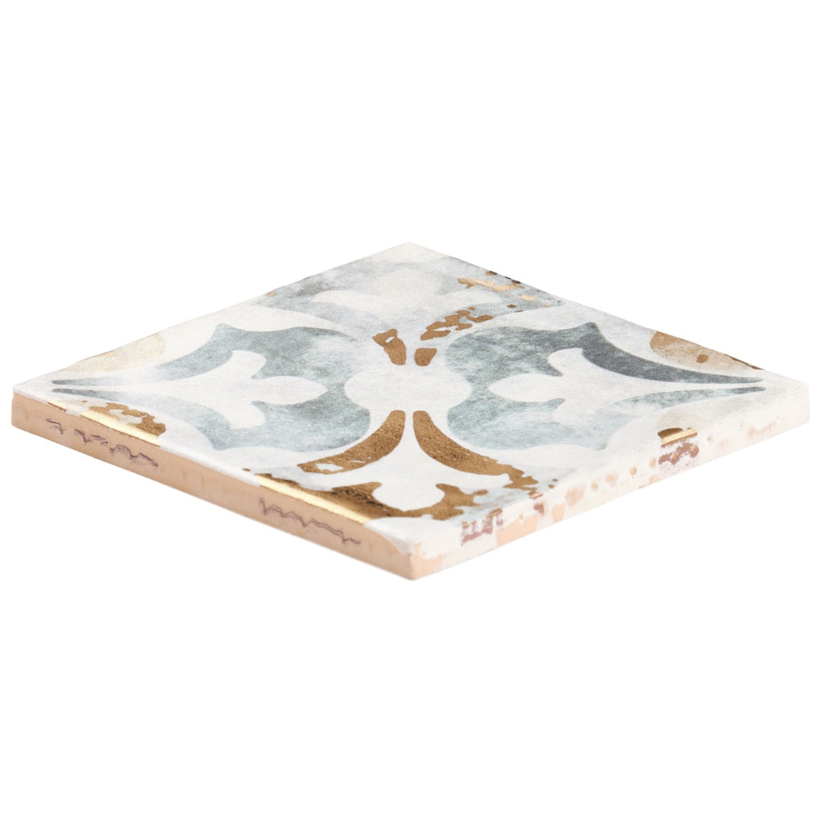 Talia Bossa Blue Gray Ceramic Tile with Gold Accents, 5x5 Matte Finish