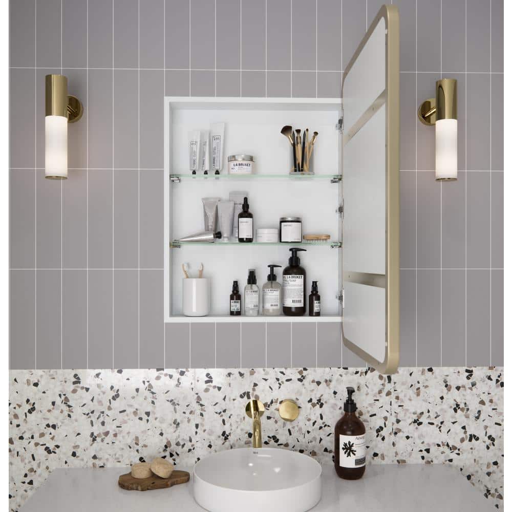 Glass Warehouse Calla 22 in. W x 32 in. H x 5 in. D Recessed Medicine Cabinet in Satin Brass with Mirror