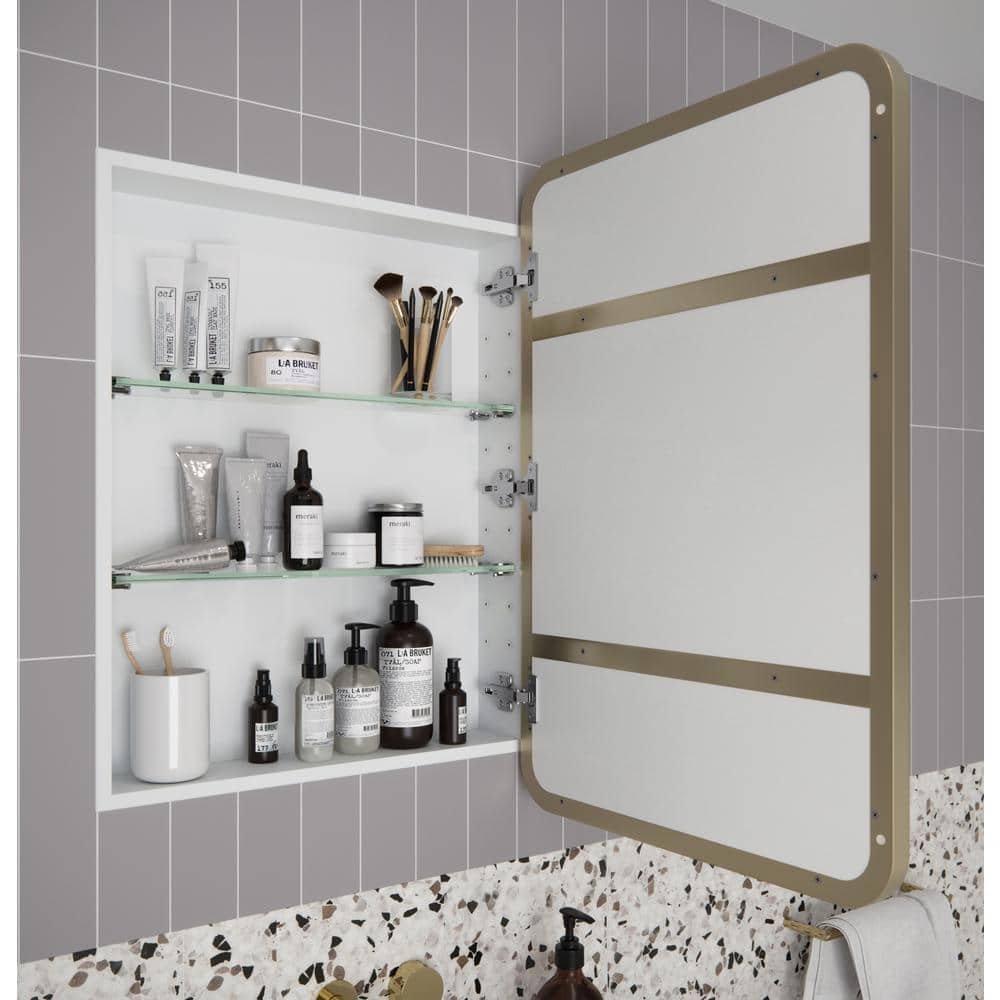 Glass Warehouse Calla 22 in. W x 32 in. H x 5 in. D Recessed Medicine Cabinet in Satin Brass with Mirror