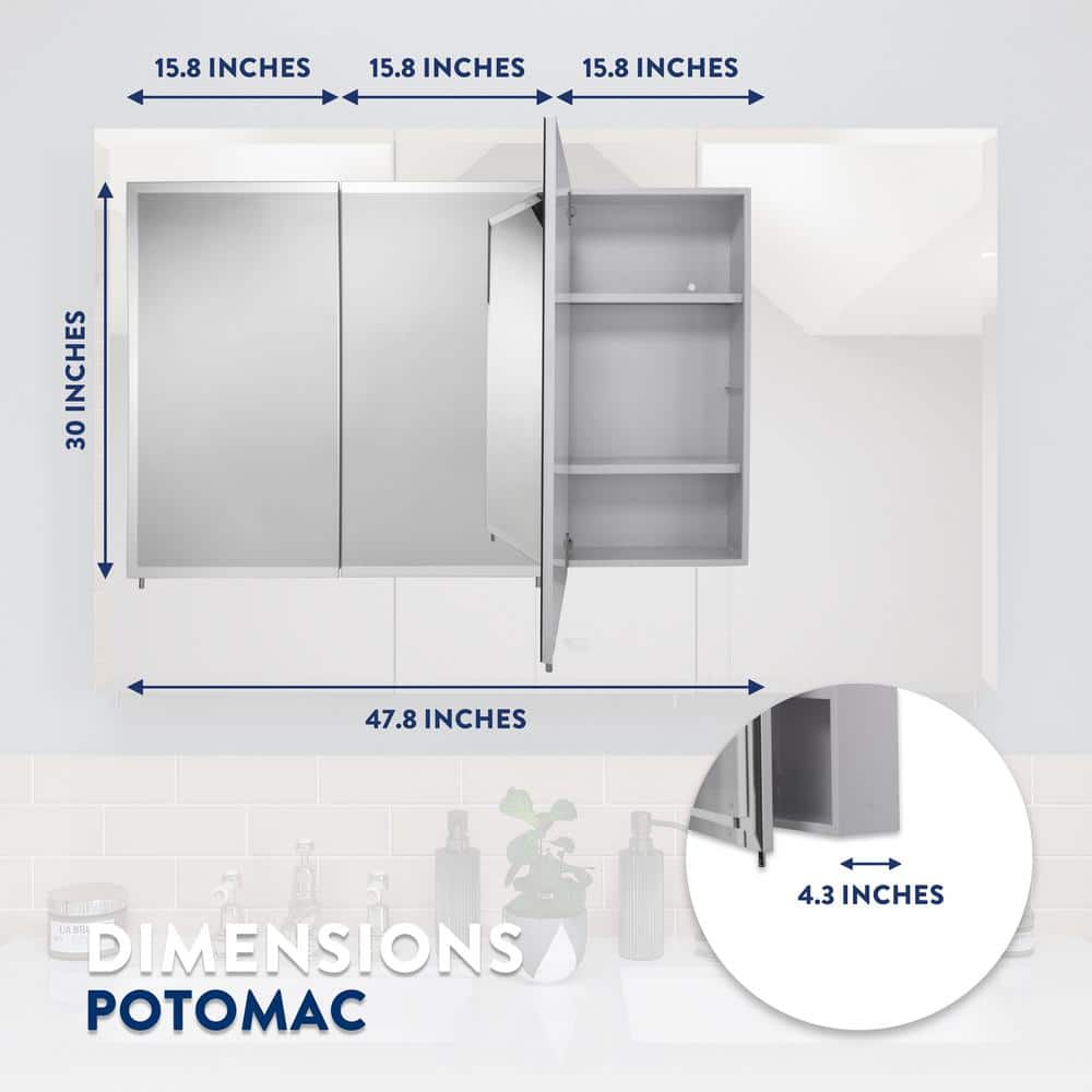 Croydex Potomac 48 in. W x 30 in. H Triple Door White Steel Surface Mount Medicine Cabinet with Mirror