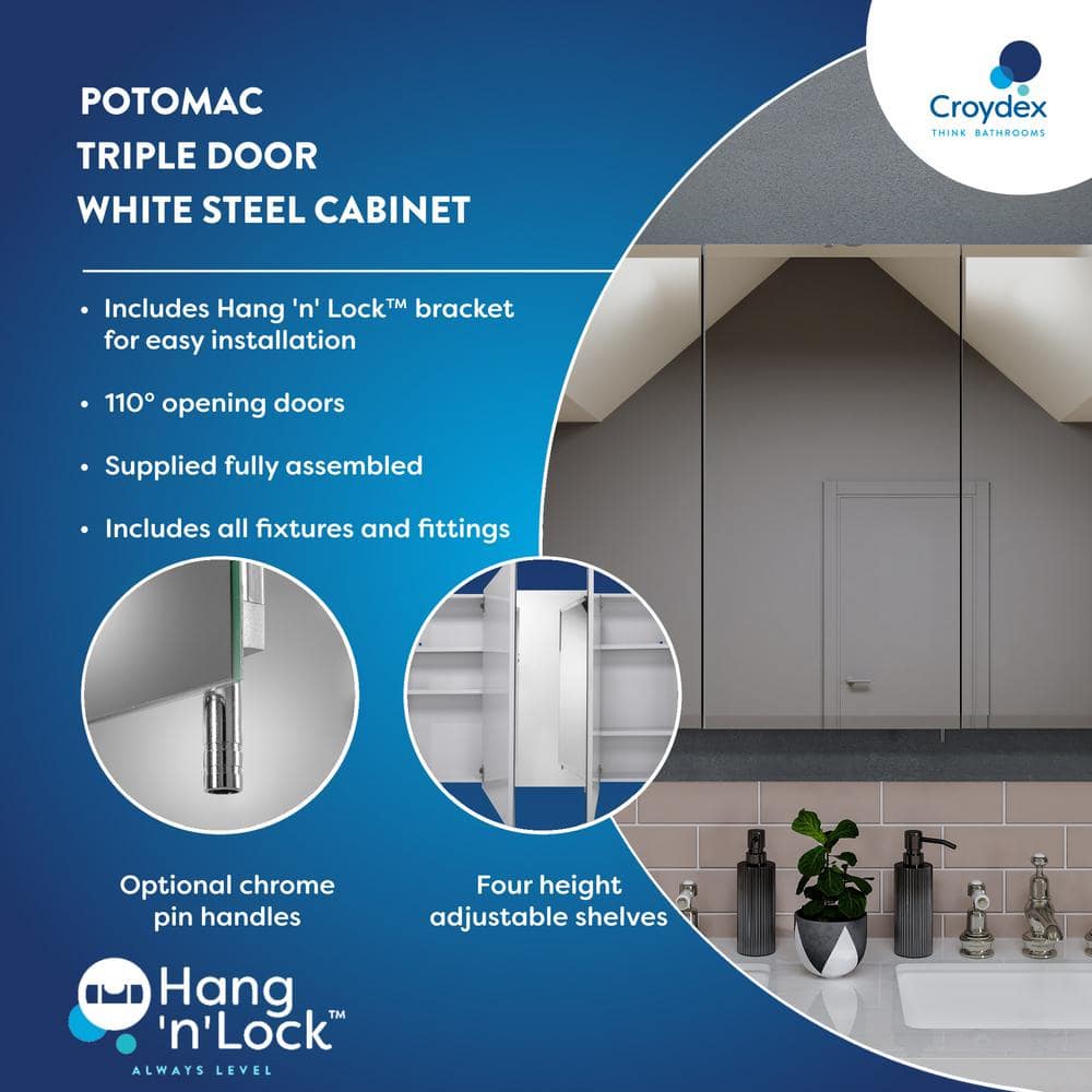 Croydex Potomac 48 in. W x 30 in. H Triple Door White Steel Surface Mount Medicine Cabinet with Mirror