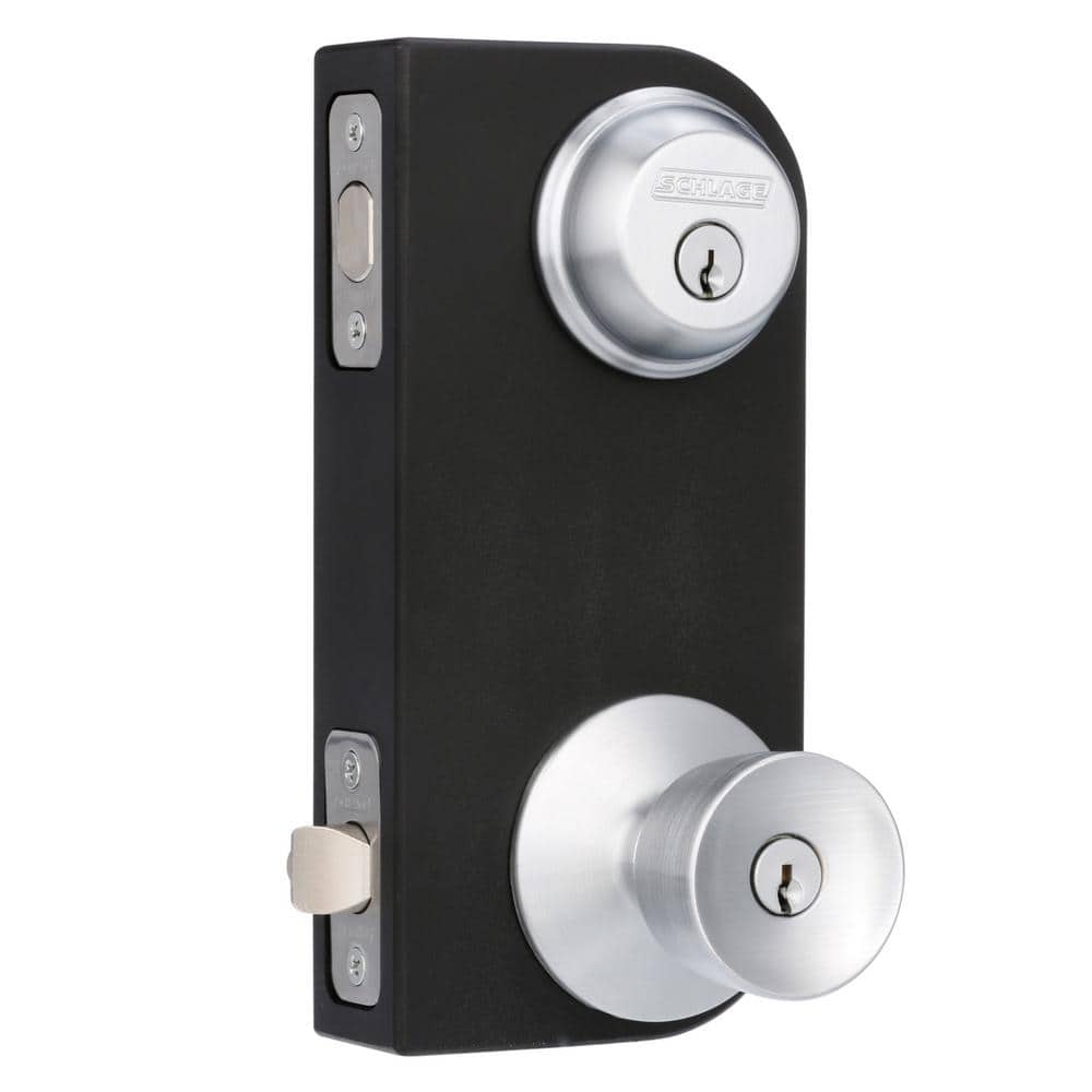 Schlage Satin Chrome Single Cylinder Deadbolt with Bell Entry Door Knob Combo Pack