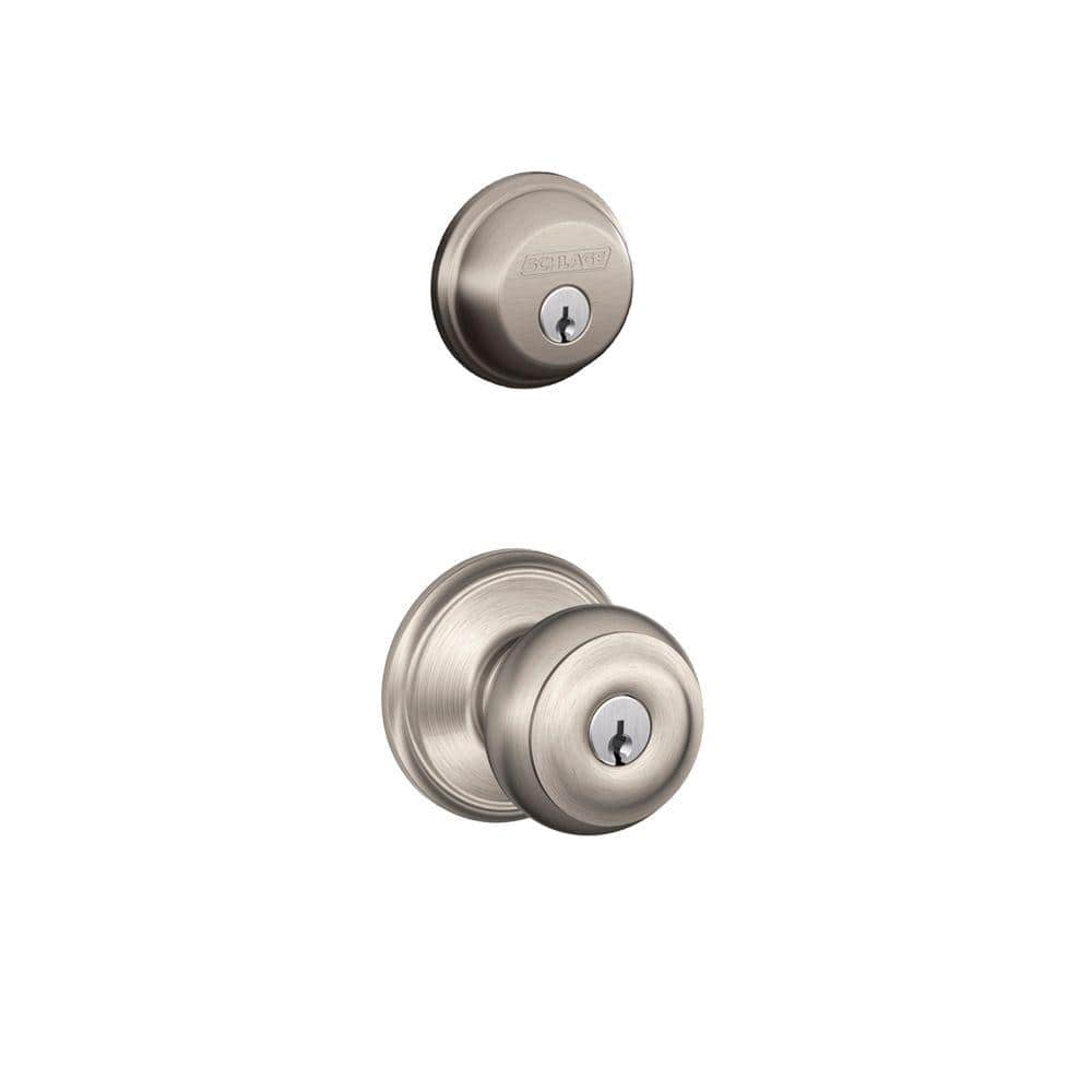 Schlage Satin Nickel Single Cylinder Deadbolt with Georgian Keyed Entry Door Knob Combo Pack