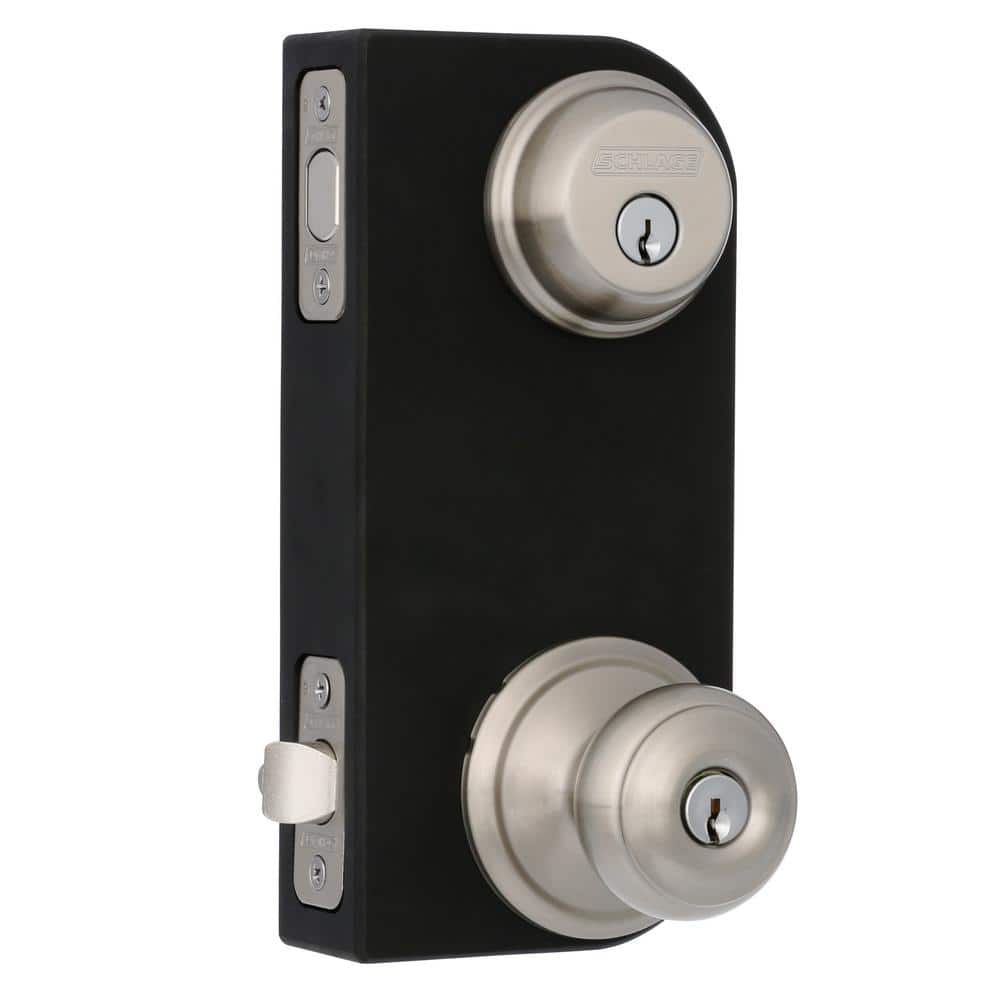 Schlage Satin Nickel Single Cylinder Deadbolt with Georgian Keyed Entry Door Knob Combo Pack