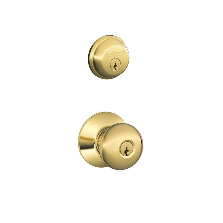 Schlage Bright Brass Double Cylinder Deadbolt with Plymouth Keyed Entry Door Knob Combo Pack