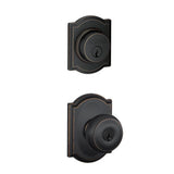 Schlage Camelot Aged Bronze Single Cylinder Deadbolt with Georgian Keyed Entry Door Knob Combo Pack