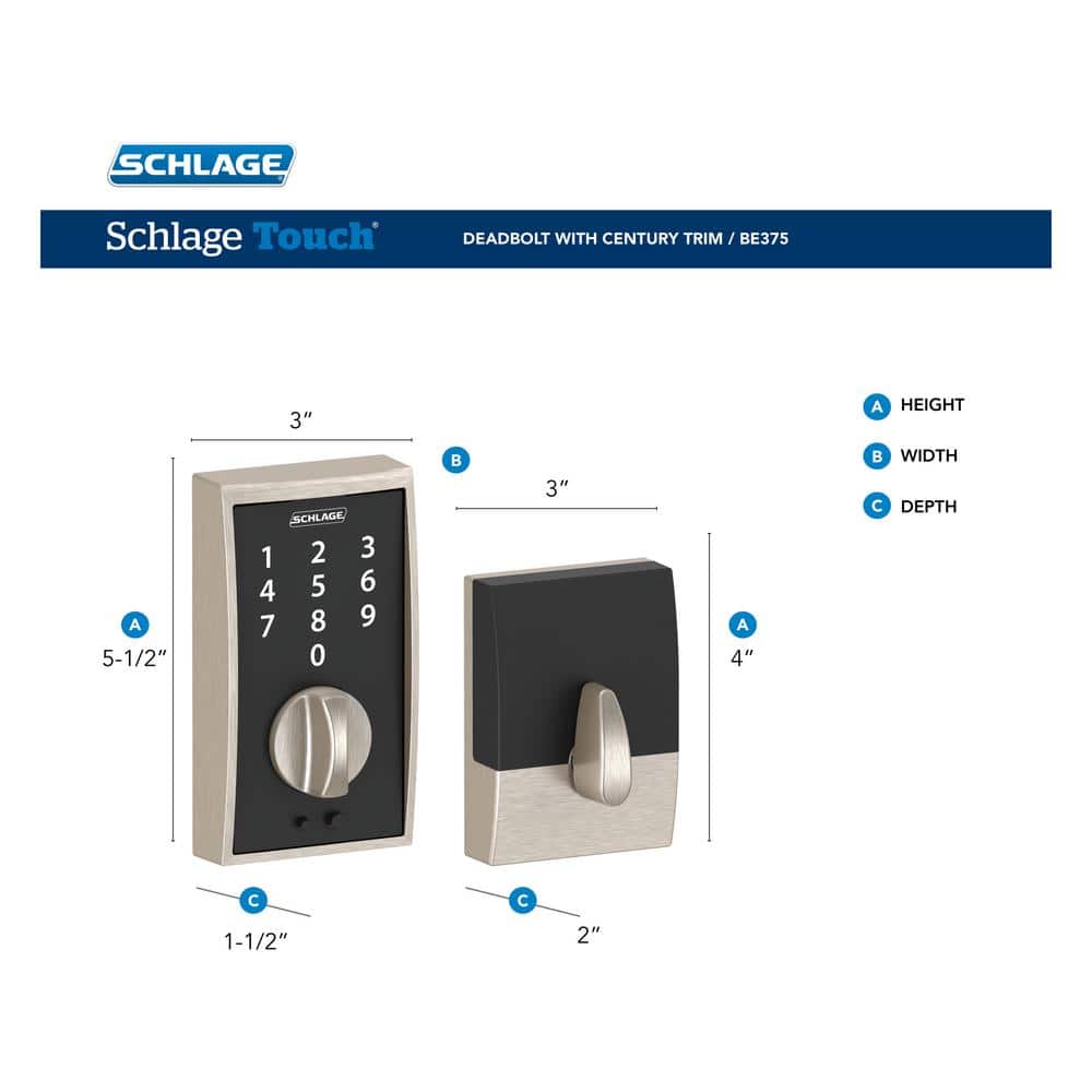Schlage Century Matte Black Touch Electronic Keyless Deadbolt, BE375 V CEN 622