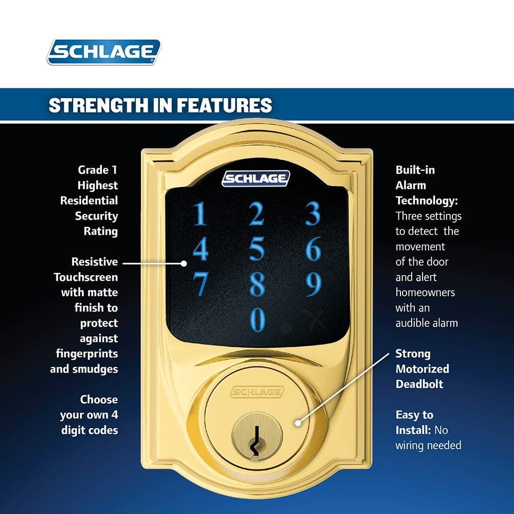 Schlage Camelot Bright Brass Connect Smart Lock with Alarm and Georgian Door Knob Handleset