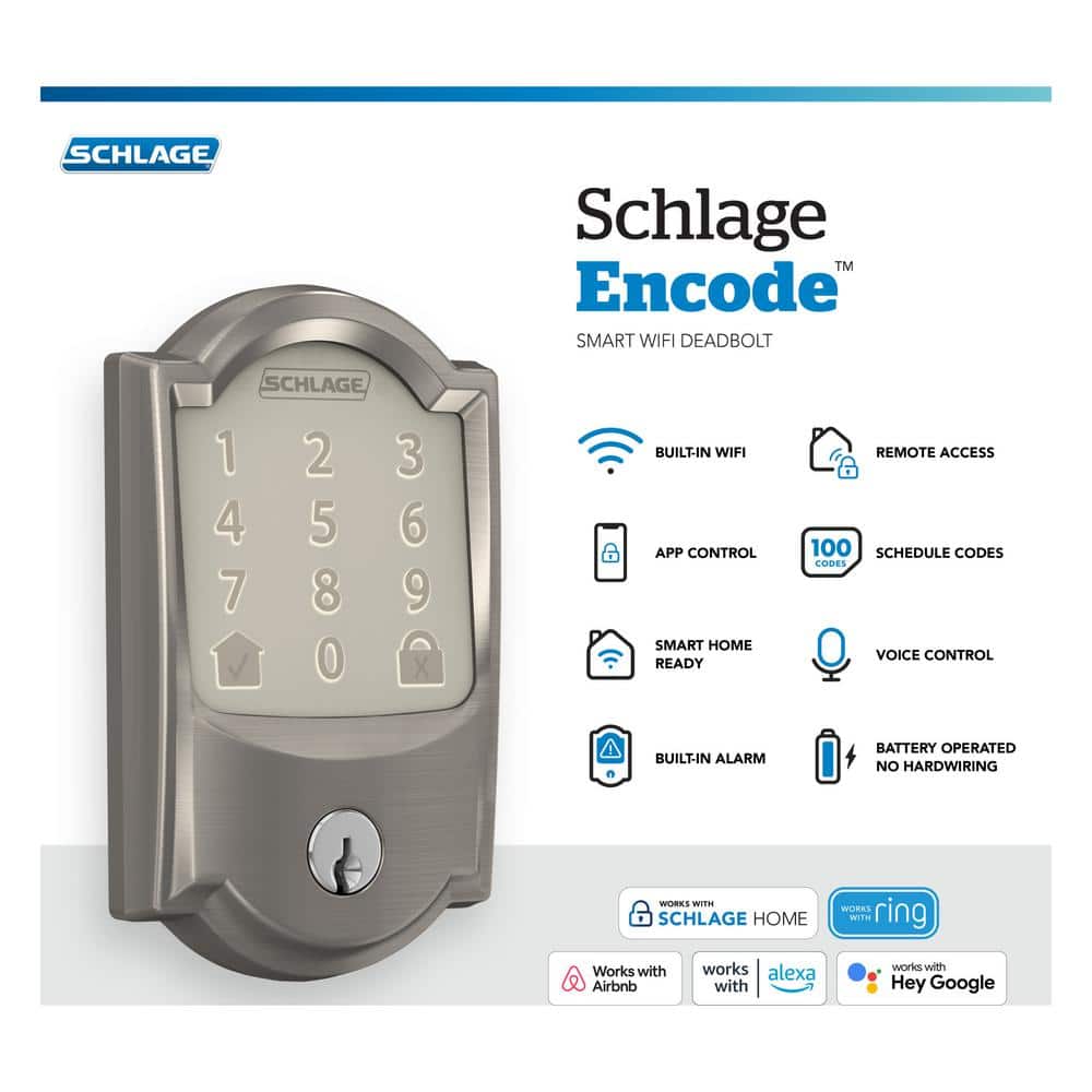 Schlage Camelot Satin Nickel Encode Smart Wi‑Fi Deadbolt with Alarm and Camelot Handleset with Accent Lever (Camelot Trim)