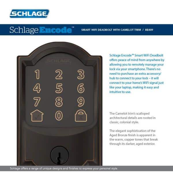 Camelot Aged Bronze Encode Smart Wi‑Fi Deadbolt with Alarm and Camelot Handle Set with Accent Lever, Camelot Trim