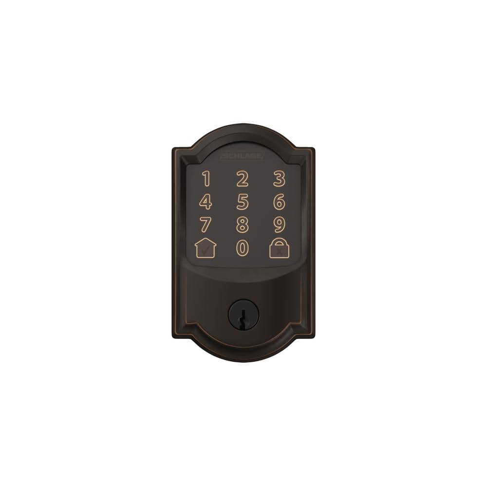 Schlage Camelot Encode Smart Wi‑Fi Door Lock with Alarm and Accent Lever Handleset, Aged Bronze
