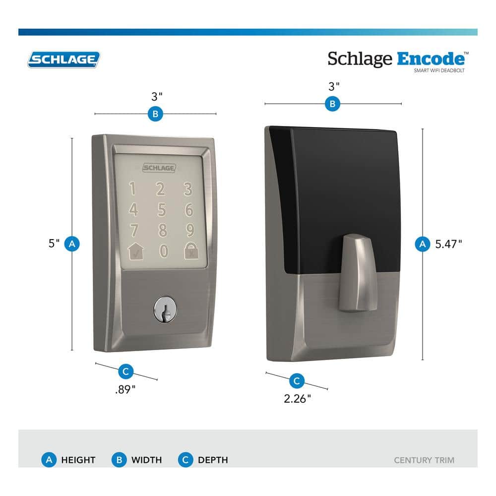 Schlage Century Encode Smart Wi‑Fi Door Lock with Alarm & Latitude Lever Handleset – Satin Nickel