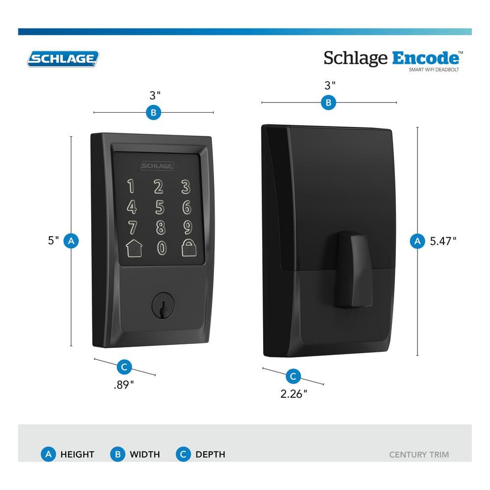 Schlage Century Encode Smart WiFi Deadbolt Door Lock with Alarm and Latitude Lever Handleset in Matte Black