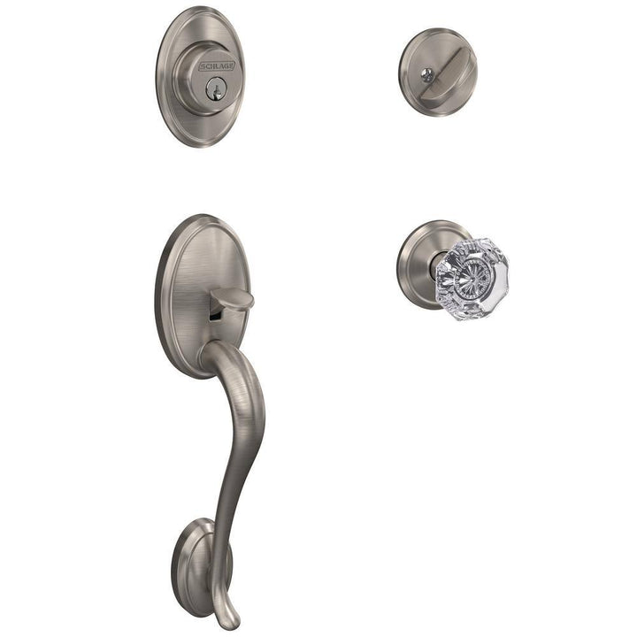 Schlage Custom Wakefield Satin Nickel Single Cylinder Door Handleset with Alexandria Glass Door Knob and Alden Trim