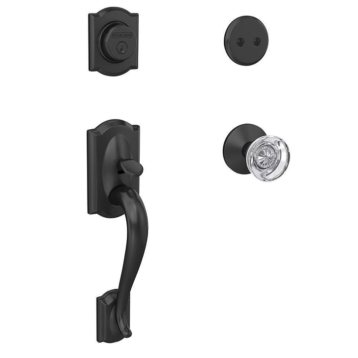 Schlage Camelot Matte Black Dummy Door Handleset with Hobson Glass Door Knob and Kinsler Trim