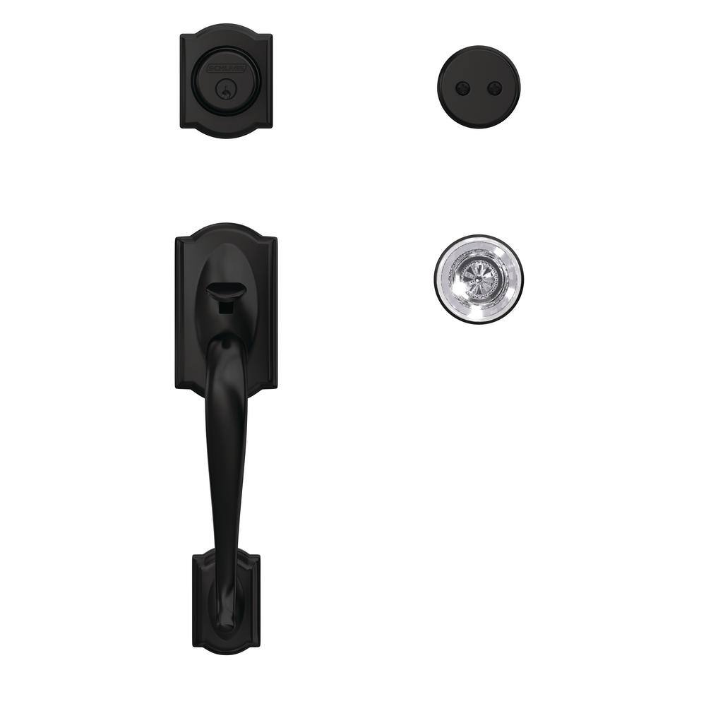 Schlage Camelot Matte Black Dummy Door Handleset with Hobson Glass Door Knob and Kinsler Trim