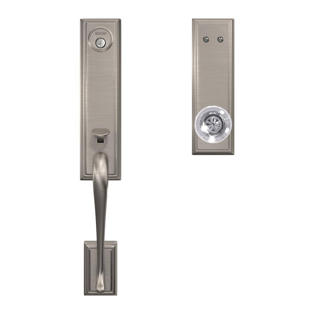 Schlage Addison Satin Nickel Dummy Door Handleset with Hobson Glass Door Knob and Kinsler Trim