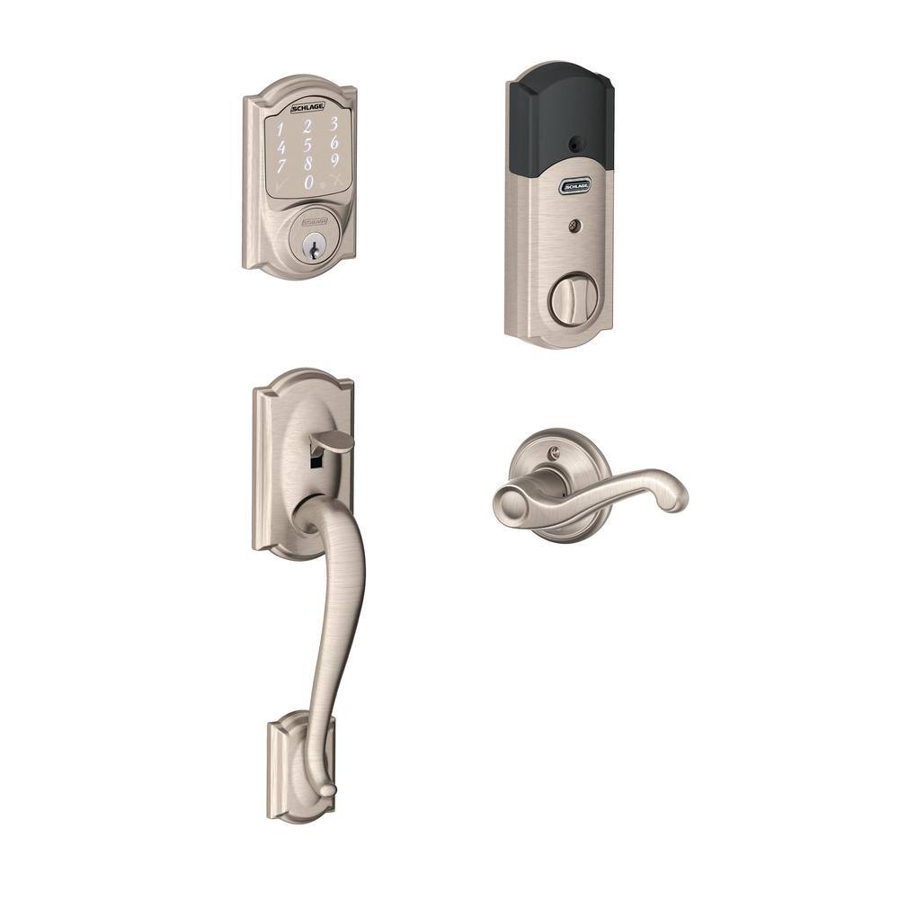 Schlage Camelot Satin Nickel Sense Smart Door Lock with Left-Handed Flair Lever Handleset