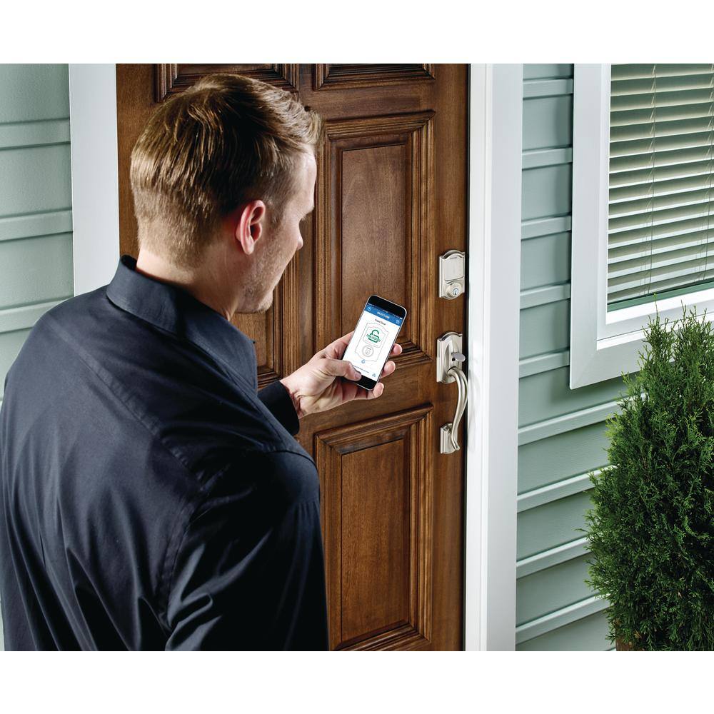 Schlage Camelot Satin Nickel Sense Smart Door Lock with Left-Handed Flair Lever Handleset