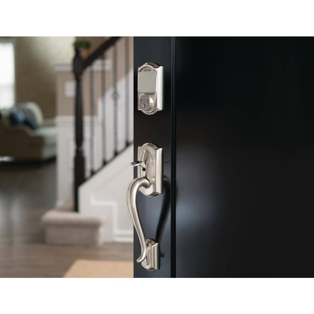 Schlage Camelot Satin Nickel Sense Smart Door Lock with Left-Handed Flair Lever Handleset