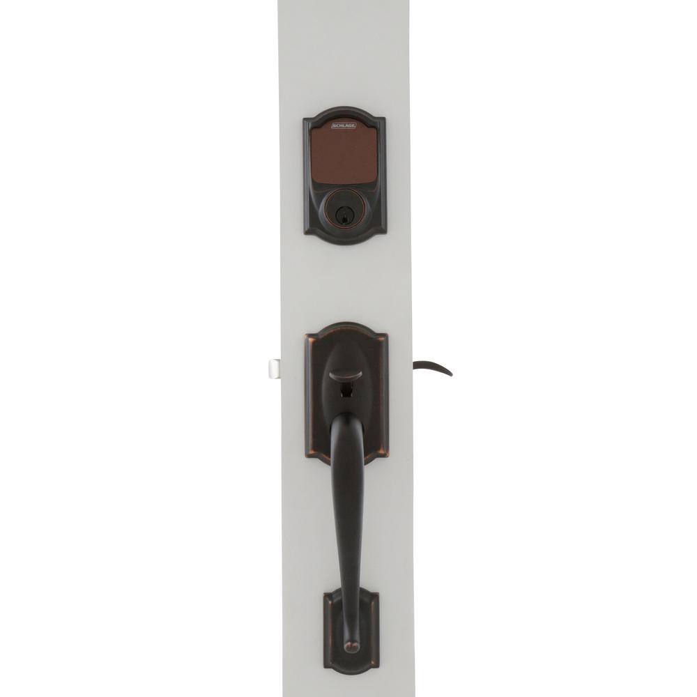 Schlage Camelot Aged Bronze Sense Smart Door Lock with Left-Handed Accent Lever Handleset