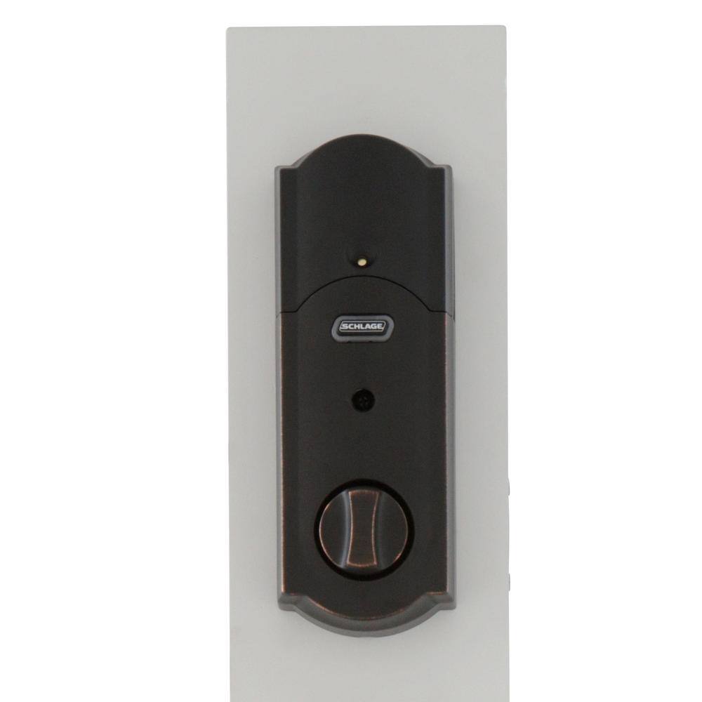 Schlage Camelot Aged Bronze Sense Smart Deadbolt & Camelot Handleset with Accent Lever (Camelot Trim)