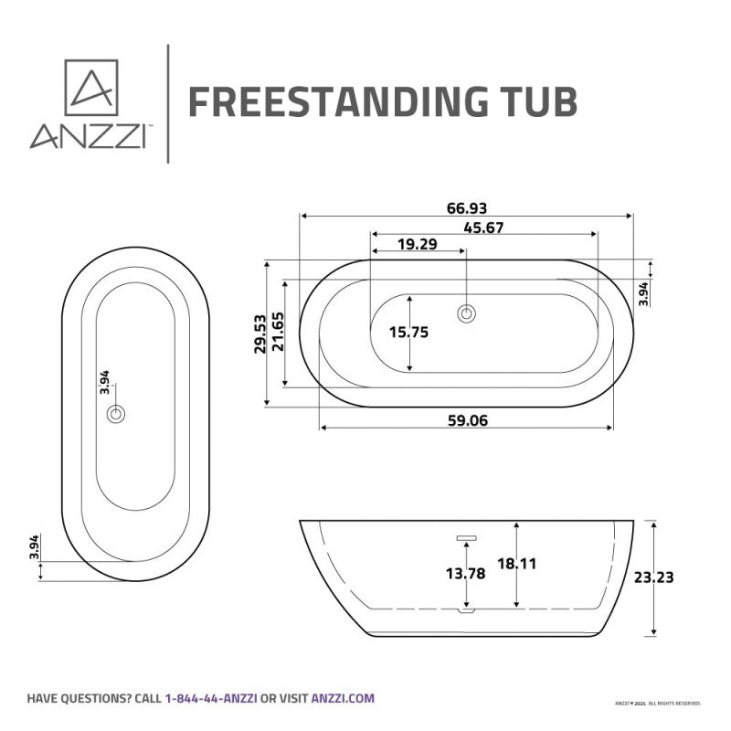 ANZZI Ami 67 in. Acrylic Flatbottom Freestanding Bathtub, Glossy White, Center Drain