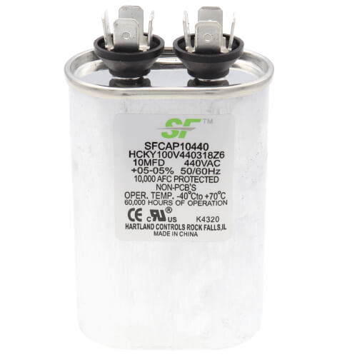 Trane SFCAP10440 capacitor - front view (Voltage: 440v, 370V; MFD: 10)