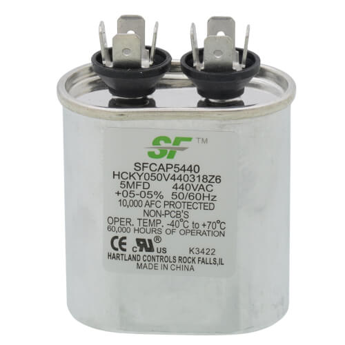 Trane SFCAP5440 capacitor - front view (Voltage: 370/440v; MFD: 5)