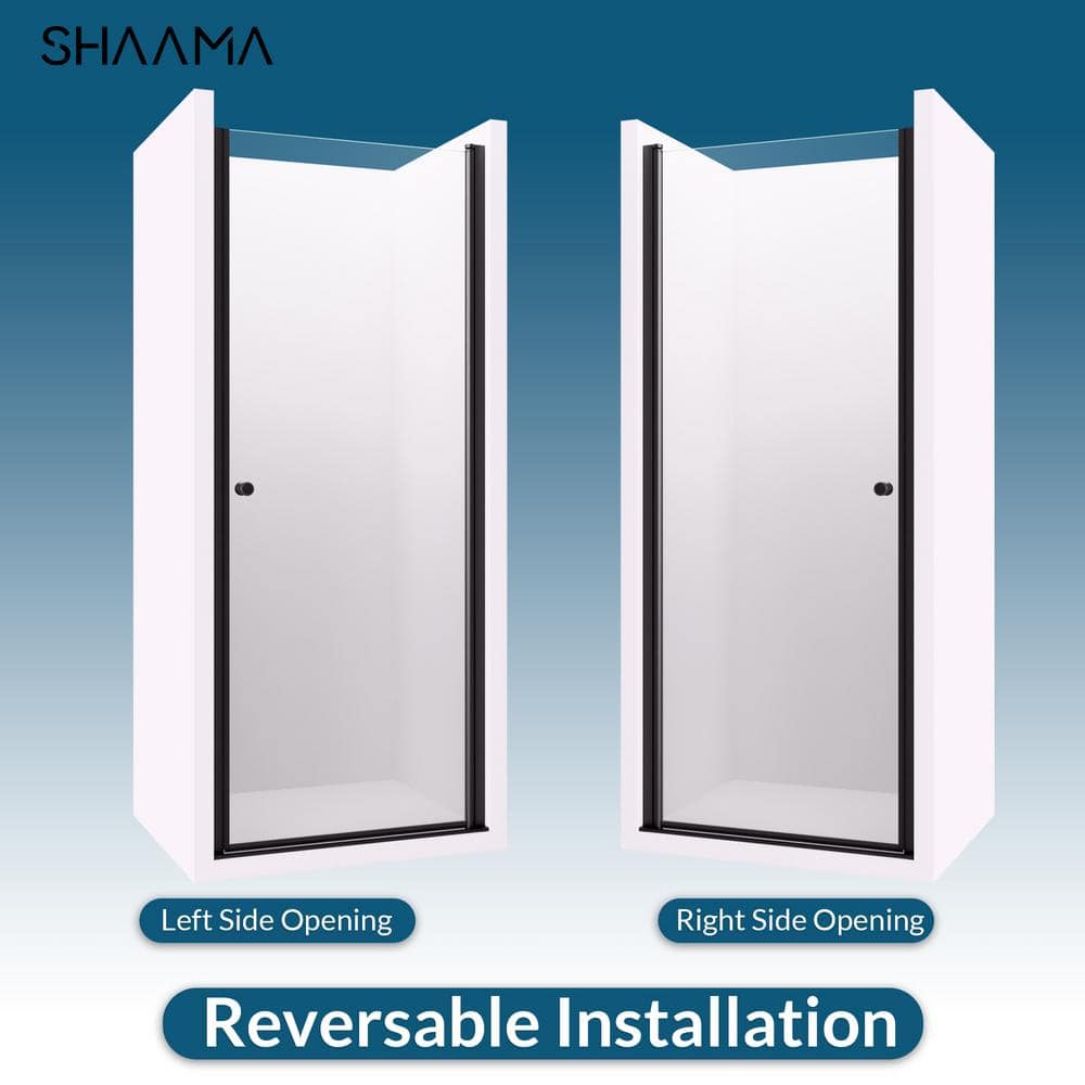 SHAAMA 23 to 24 in. W x 72 in. H Space Saving Pivot Semi-Frameless Swing Shower Door in Black Finish with Clear Tempered Glass
