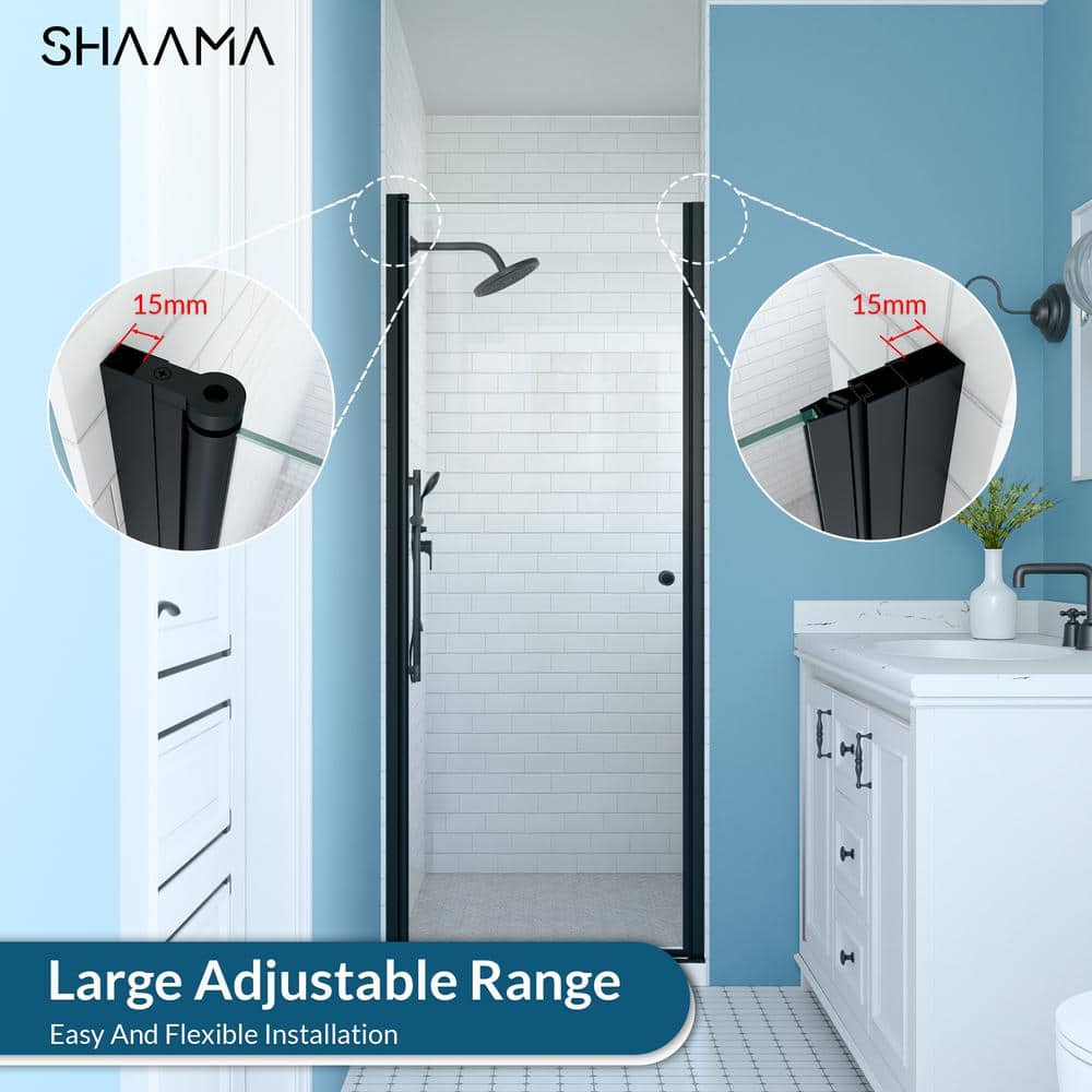 SHAAMA 23 to 24 in. W x 72 in. H Space Saving Pivot Semi-Frameless Swing Shower Door in Black Finish with Clear Tempered Glass