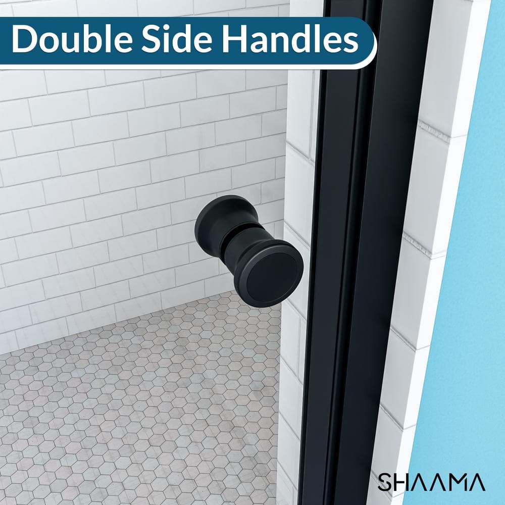 SHAAMA 23 to 24 in. W x 72 in. H Space Saving Pivot Semi-Frameless Swing Shower Door in Black Finish with Clear Tempered Glass