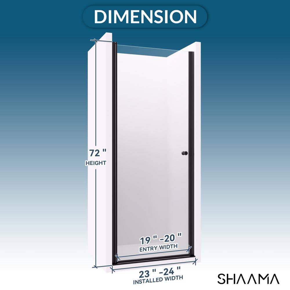 SHAAMA 23 to 24 in. W x 72 in. H Space Saving Pivot Semi-Frameless Swing Shower Door in Black Finish with Clear Tempered Glass