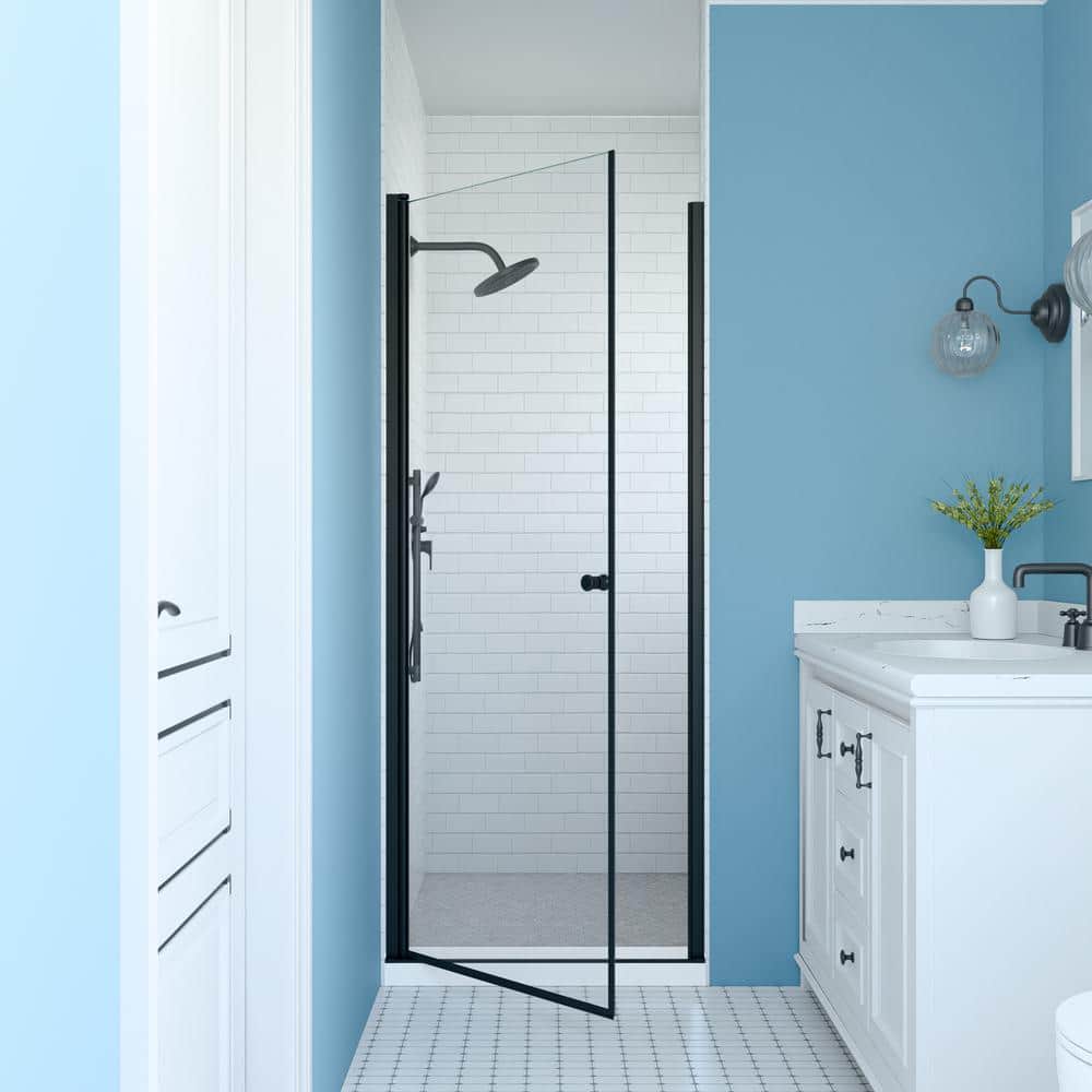 SHAAMA 23 to 24 in. W x 72 in. H Space Saving Pivot Semi-Frameless Swing Shower Door in Black Finish with Clear Tempered Glass